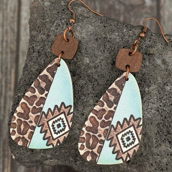 Artisan Blue and Brown Patterned Earrings - Picture 3 of 5